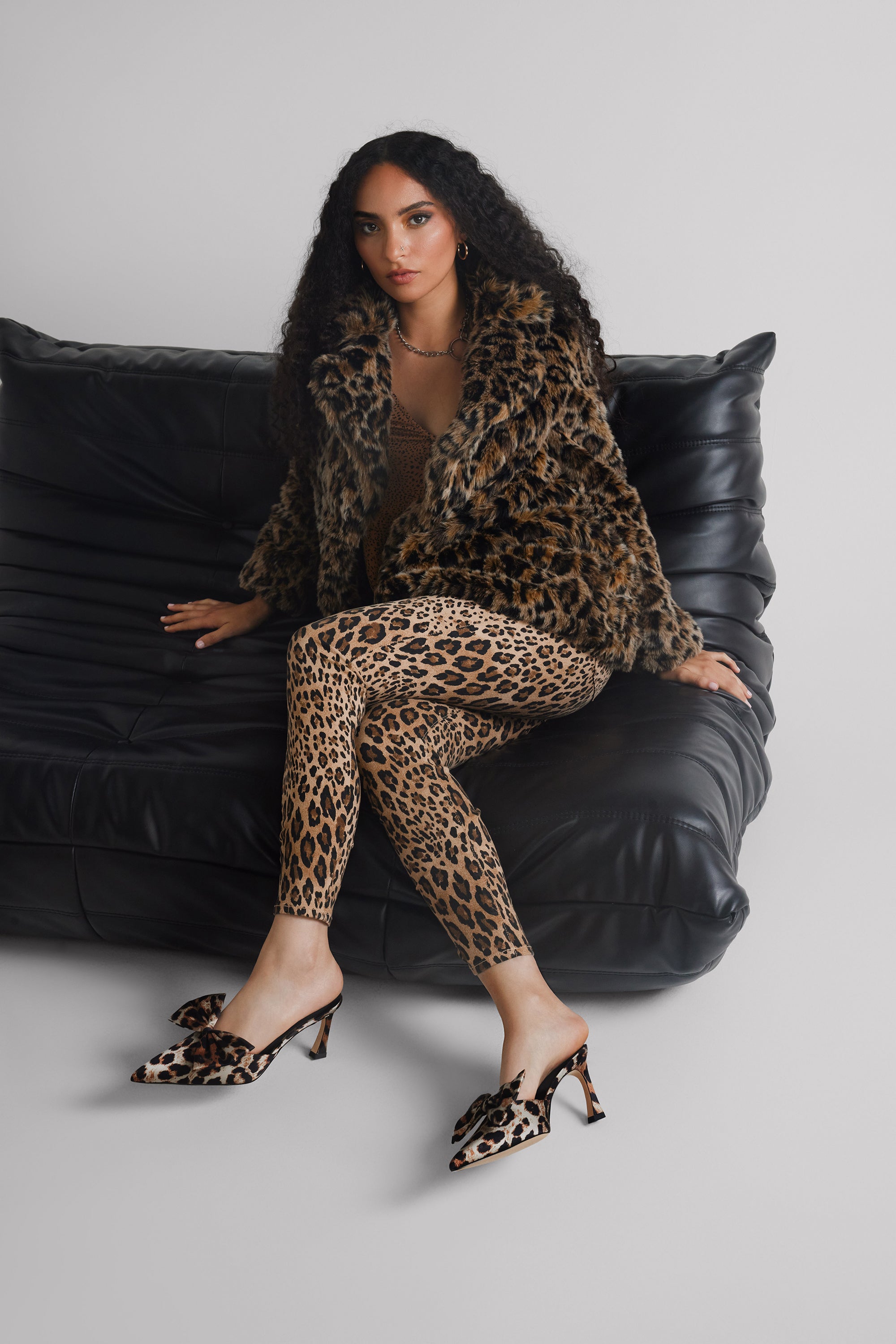 The Vixen Bow Mule in Leopard Satin