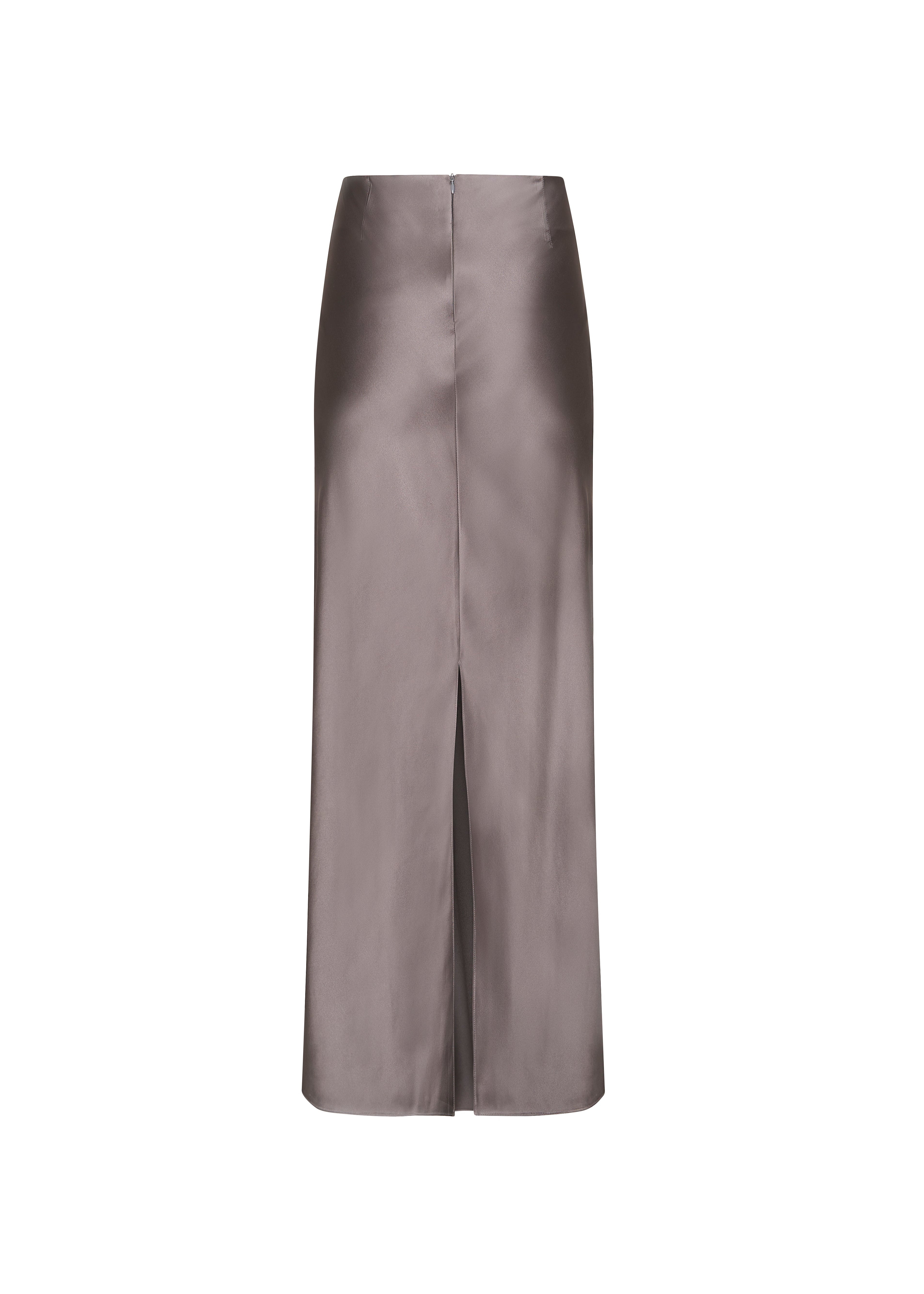 The pearl grey siren skirt in a white background. 100% made from sustainable silk. BACK VIEW.